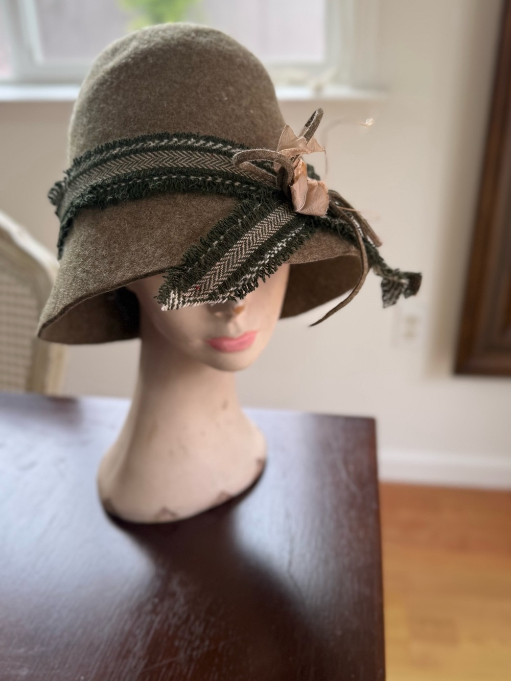 Wool Cloche Hat With Olive Green Trim And Bow